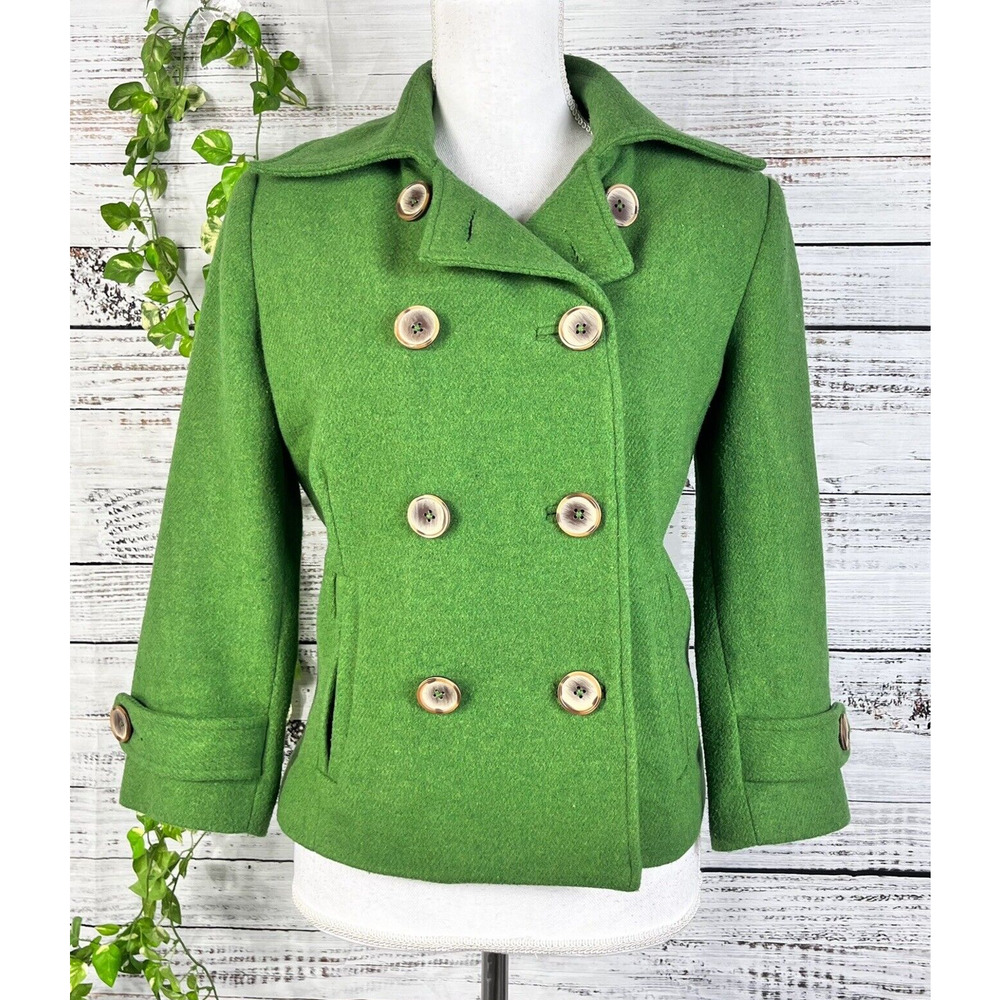 CABI Blazer Jacket size 2 Green Wool Peacoat Nautical Sailor Career Casual Slim